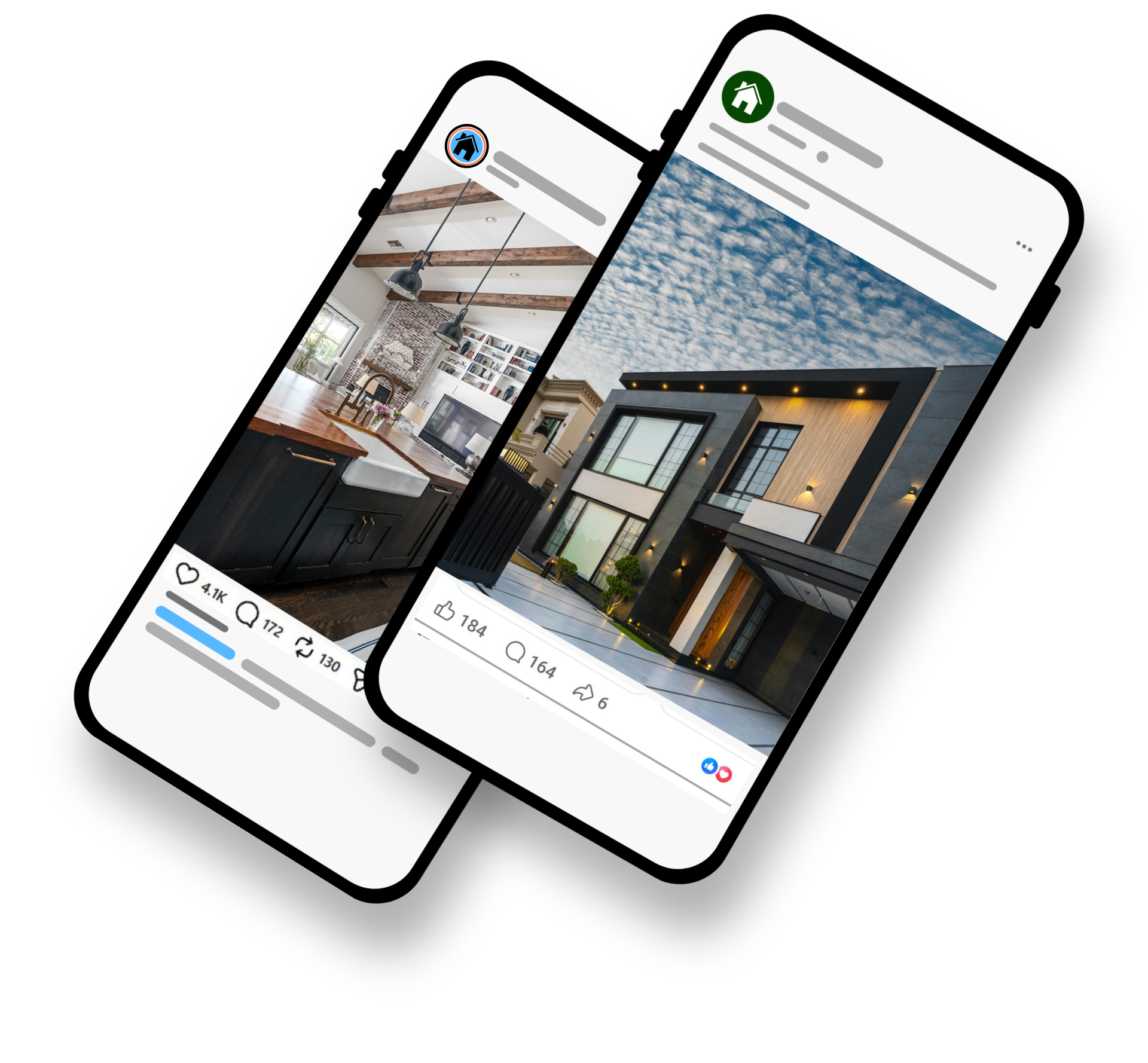 Two phones with images of homes on social media